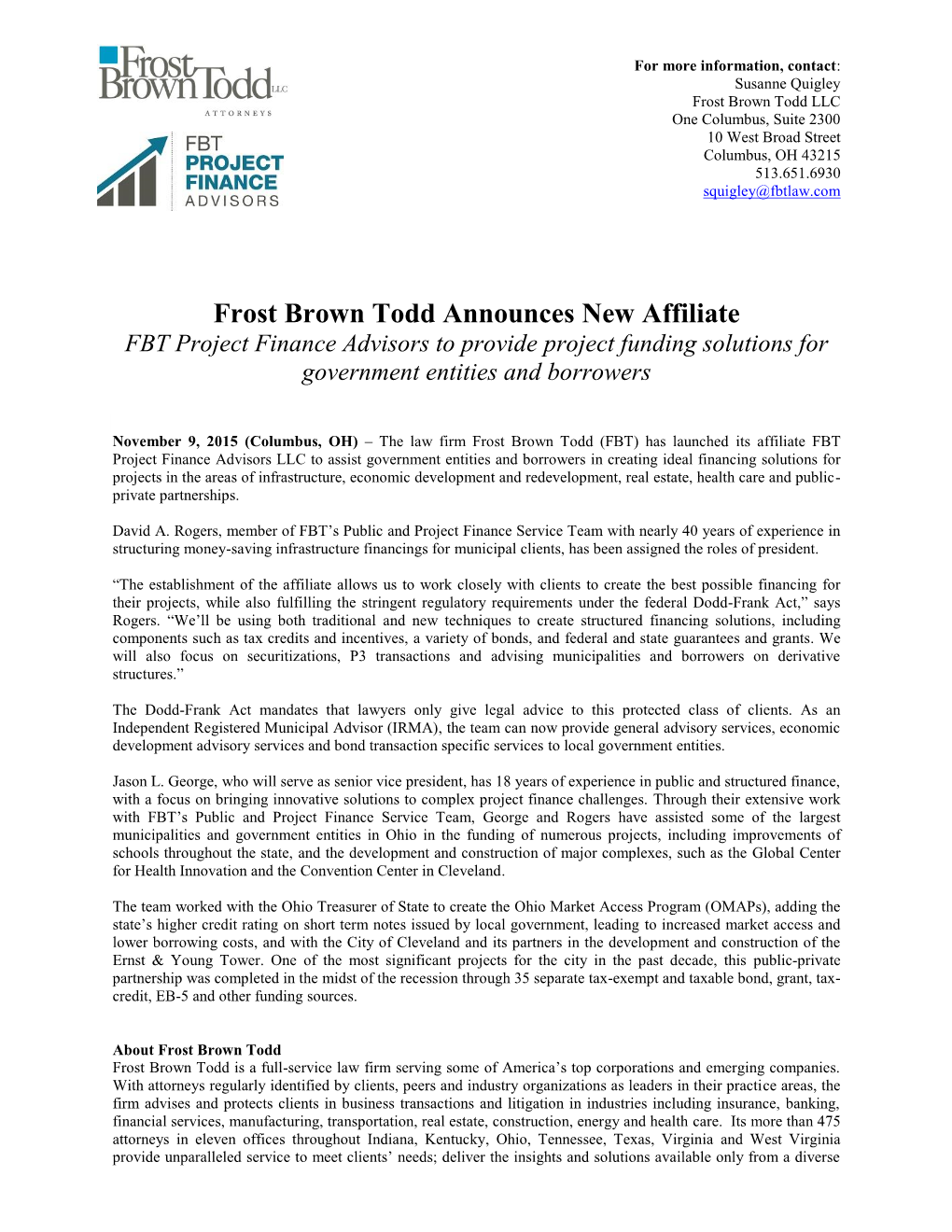 Frost Brown Todd Announces New Affiliate, FBT Project Finance Advisors