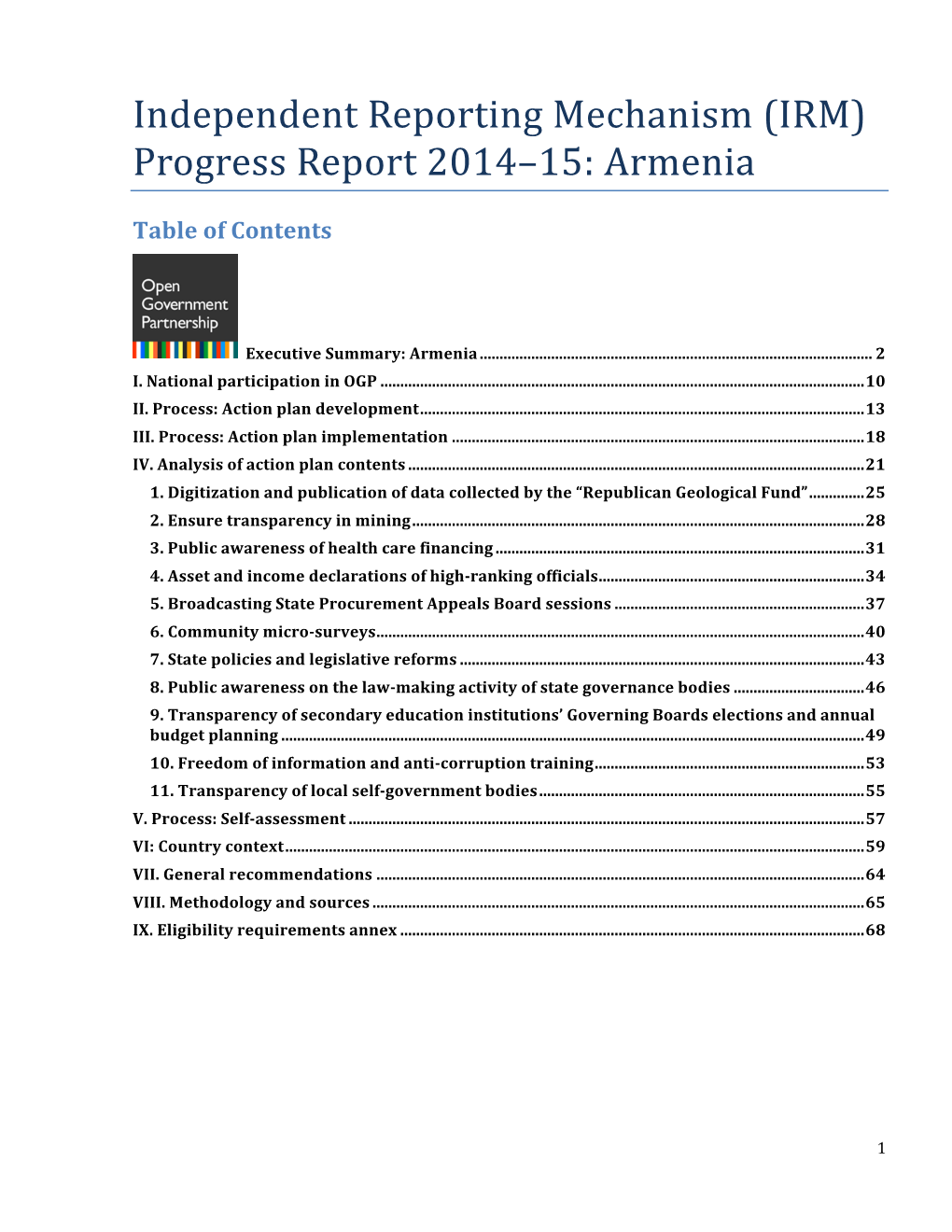 (IRM) Progress Report 2014–15: Armenia