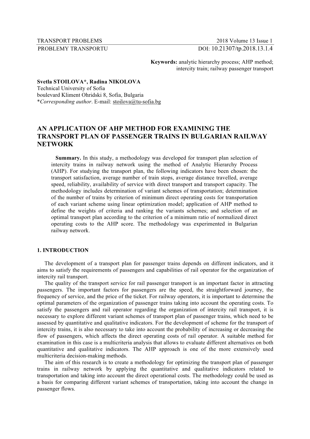 An Application of Ahp Method for Examining the Transport Plan of Passenger Trains in Bulgarian Railway Network