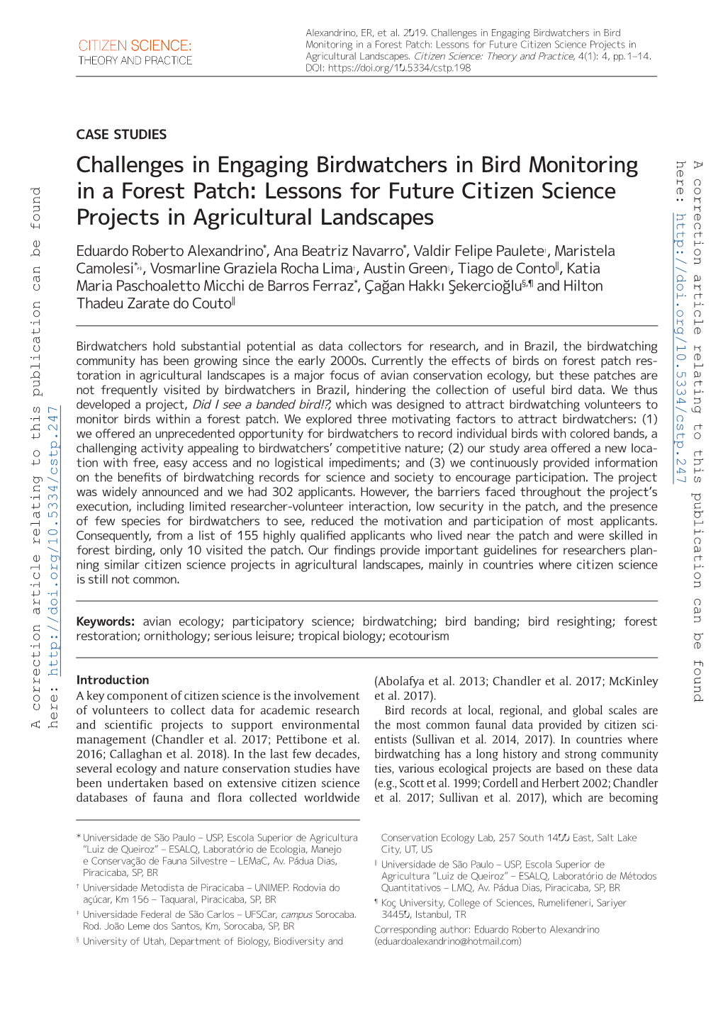 Challenges in Engaging Birdwatchers in Bird Monitoring in a Forest Patch: Lessons for Future Citizen Science Projects in Agricultural Landscapes