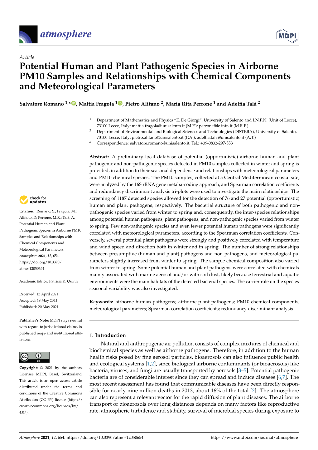 Potential Human and Plant Pathogenic Species in Airborne PM10 Samples and Relationships with Chemical Components and Meteorological Parameters