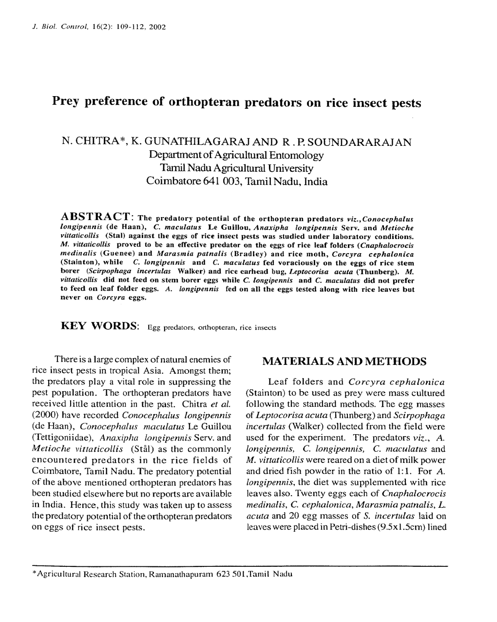 Prey Preference of Orthopteran Predators on Rice Insect Pests