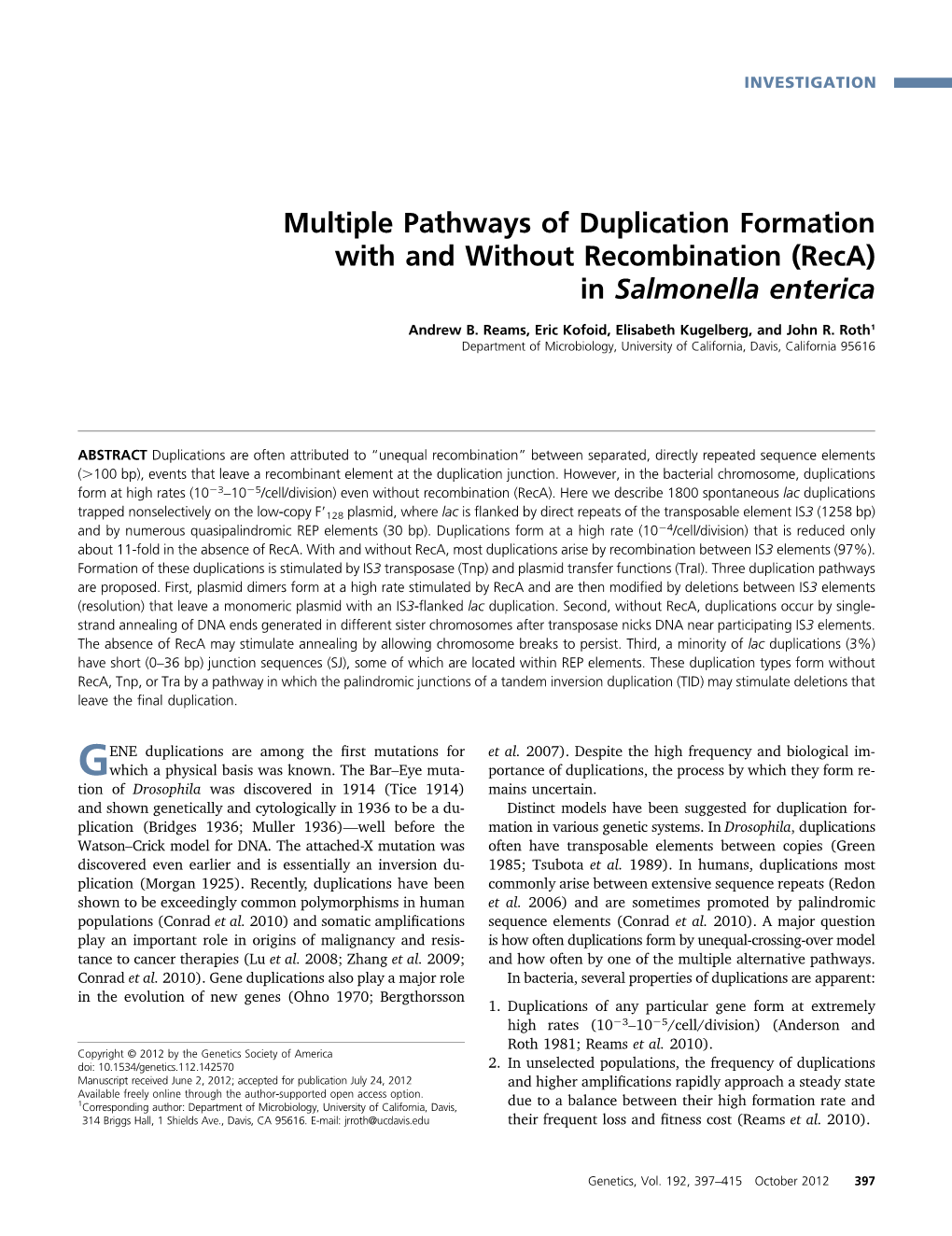 Multiple Pathways of Duplication Formation with and Without Recombination (Reca) in Salmonella Enterica