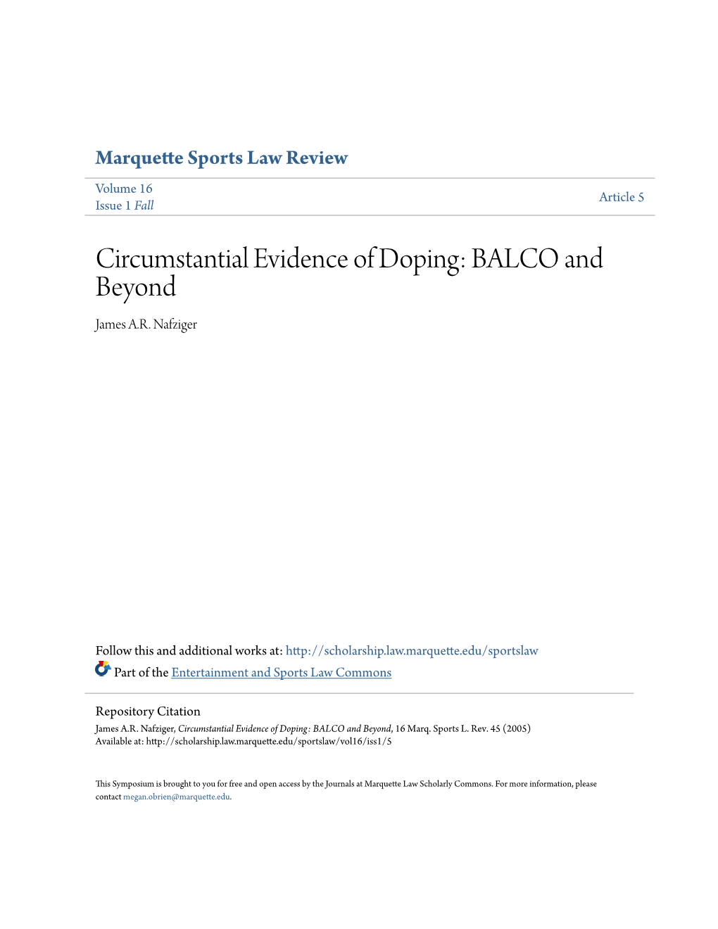 Circumstantial Evidence of Doping: BALCO and Beyond James A.R
