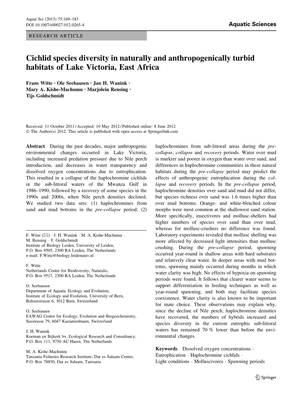 Cichlid Species Diversity in Naturally and Anthropogenically Turbid Habitats of Lake Victoria, East Africa