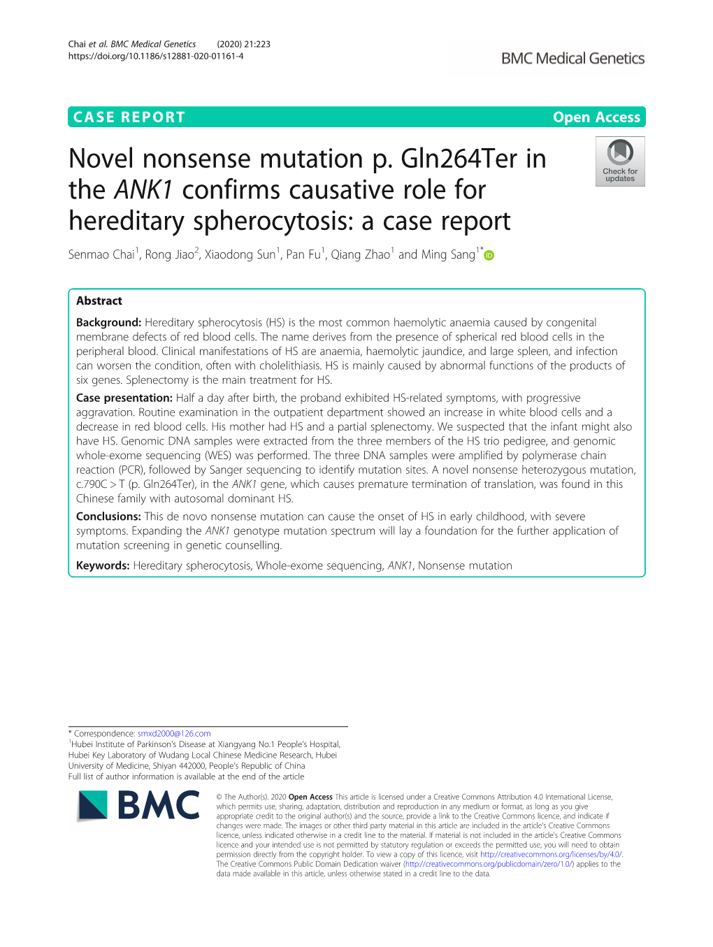 Novel Nonsense Mutation P. Gln264ter in the ANK1 Confirms Causative Role for Hereditary Spherocytosis: a Case Report