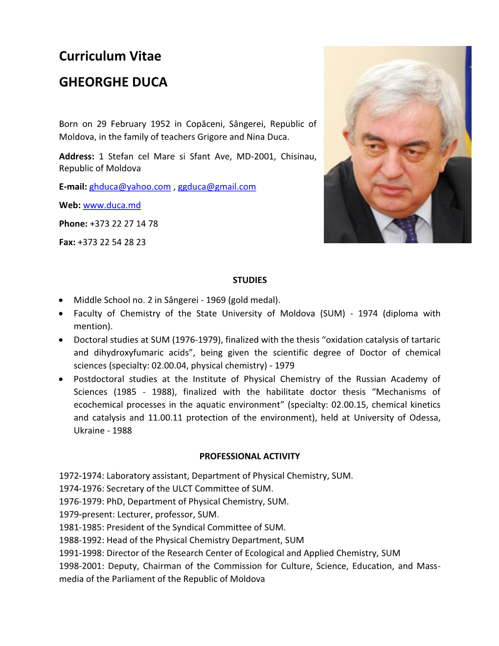 Curriculum Vitae GHEORGHE DUCA