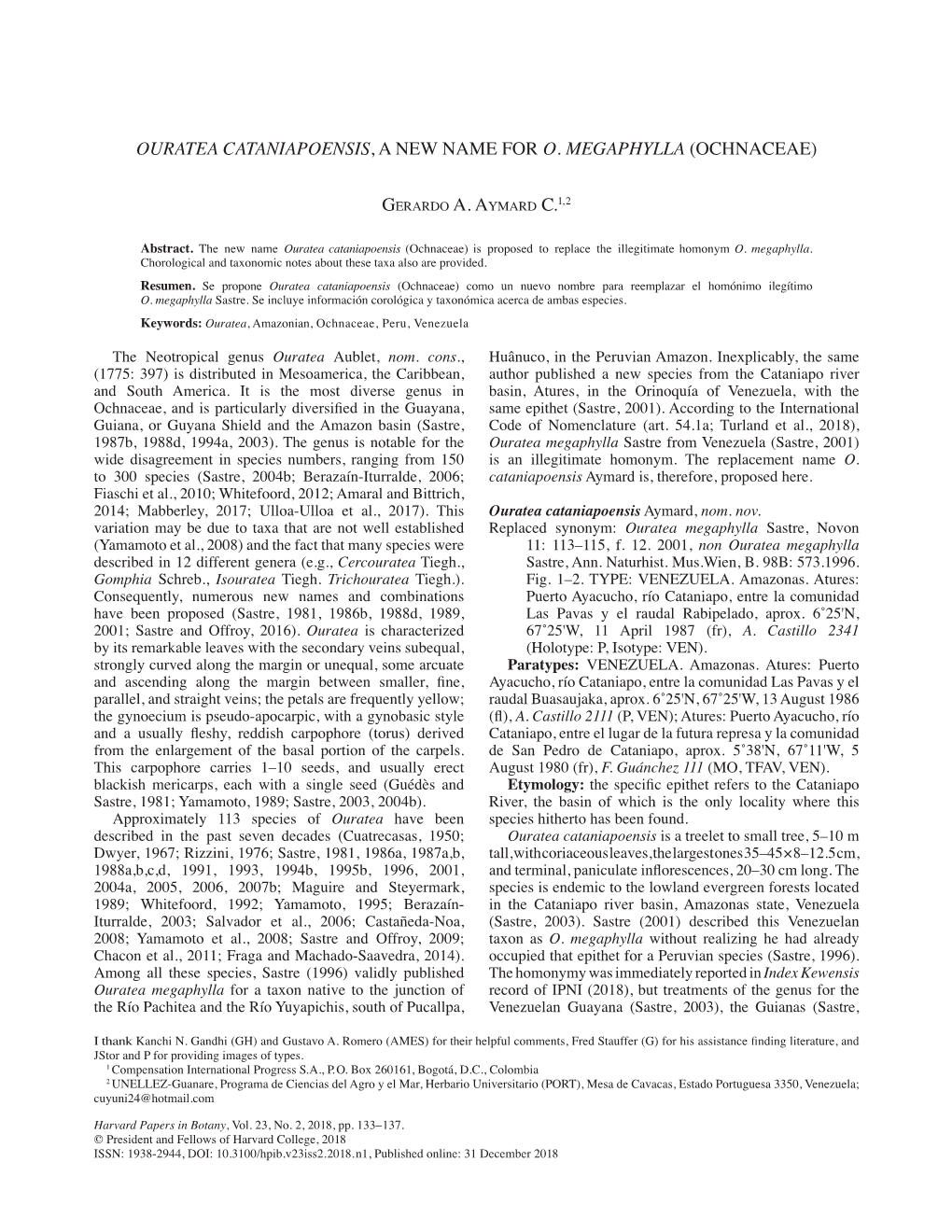 Ouratea Cataniapoensis, a New Name for O. Megaphylla (Ochnaceae)