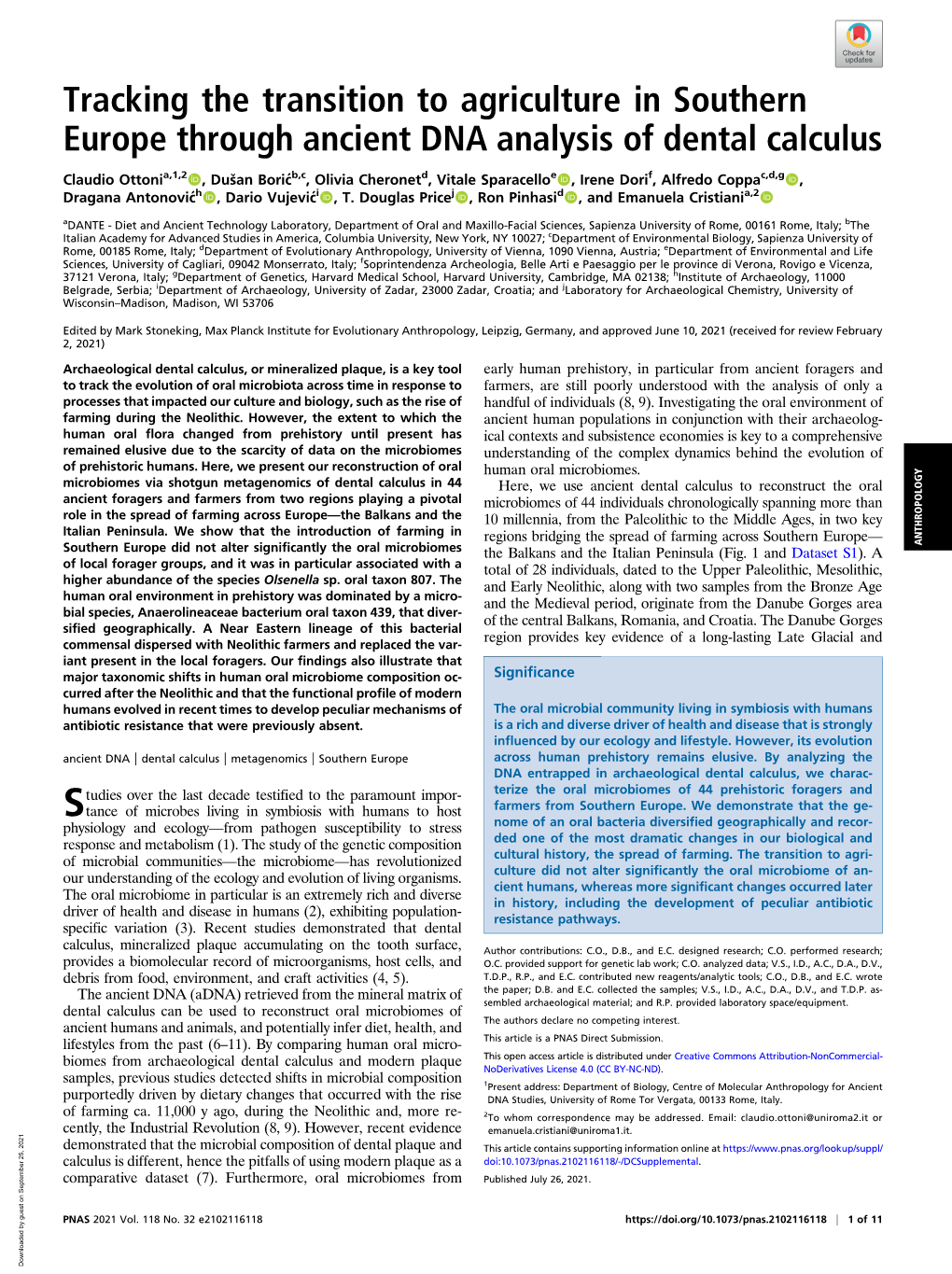 Tracking the Transition to Agriculture in Southern Europe Through Ancient DNA Analysis of Dental Calculus