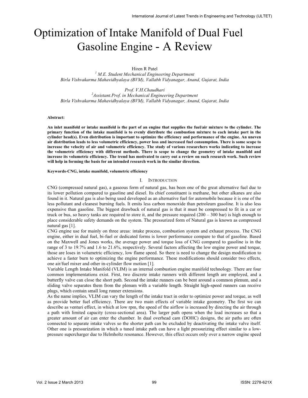 Optimization of Intake Manifold of Dual Fuel Gasoline Engine - a Review