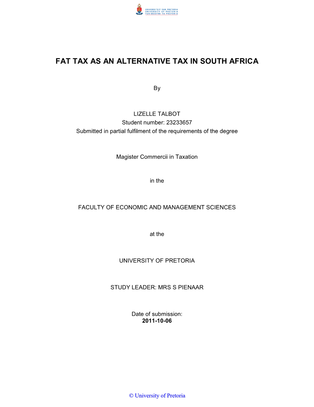 Fat Tax As an Alternative Tax in South Africa