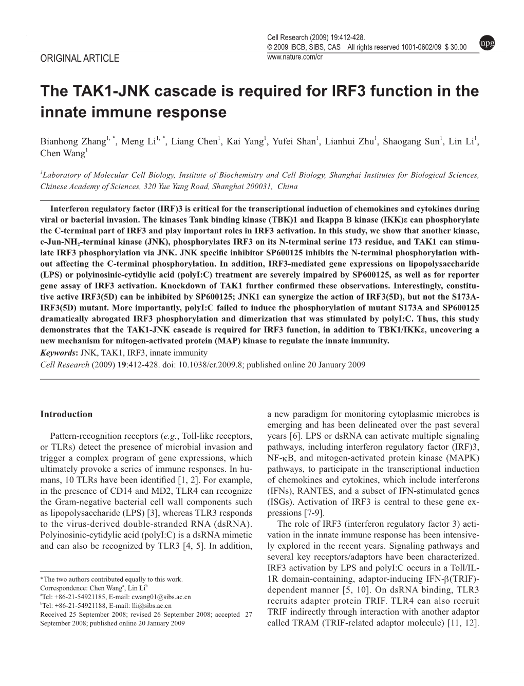 The TAK1-JNK Cascade Is Required for IRF3 Function in the Innate Immune Response