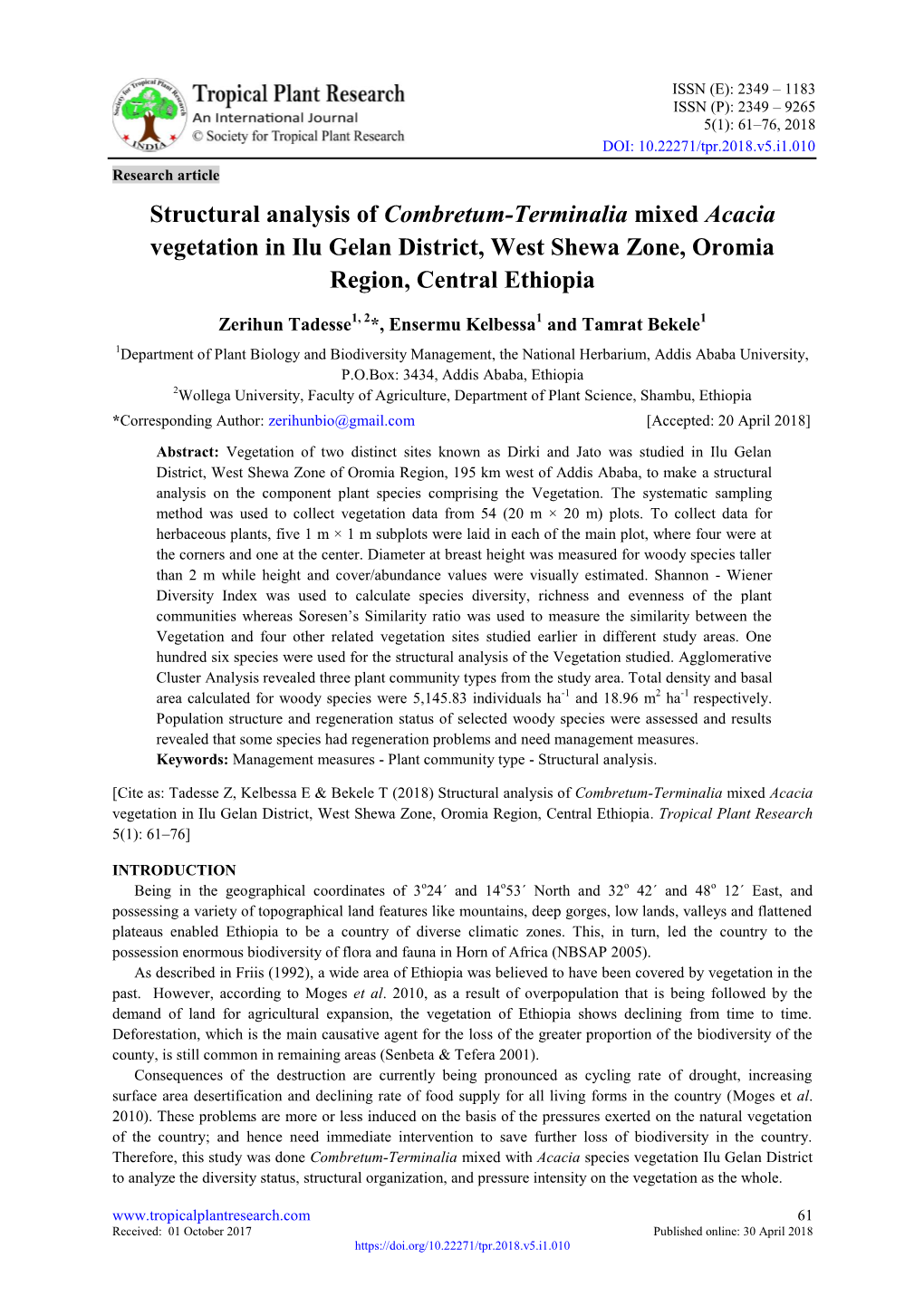 Structural Analysis of Combretum-Terminalia Mixed Acacia Vegetation in Ilu Gelan District, West Shewa Zone, Oromia Region, Central Ethiopia