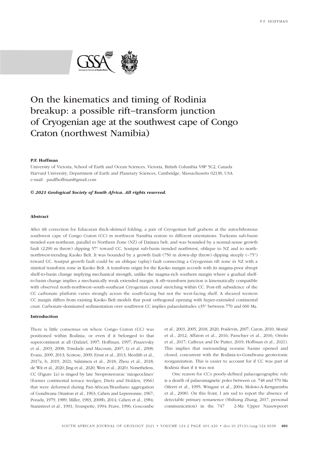 On the Kinematics and Timing of Rodinia Breakup: a Possible Rift−Transform Junction of Cryogenian Age at the Southwest Cape of Congo Craton (Northwest Namibia)