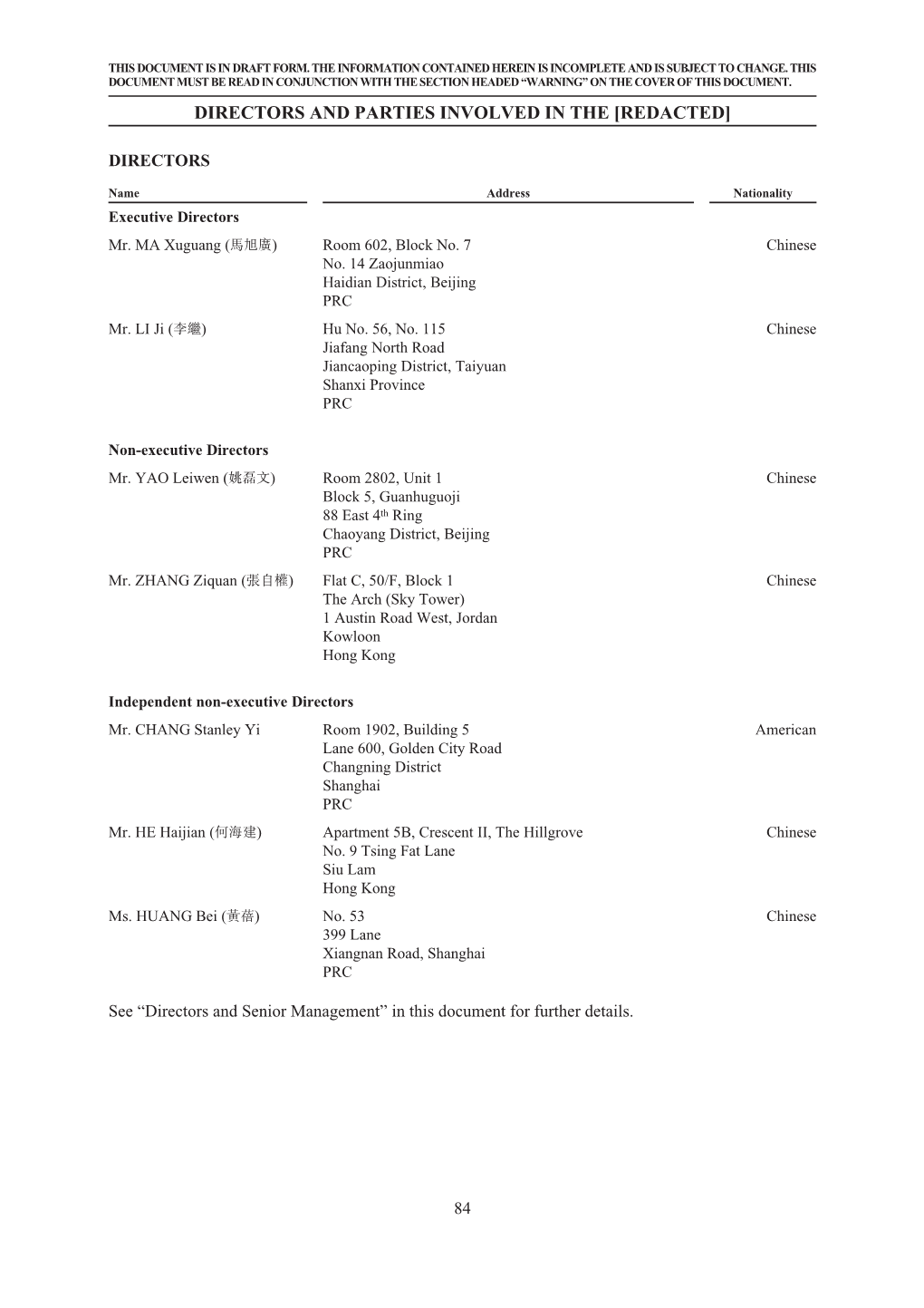 Directors and Parties Involved in the [Redacted]