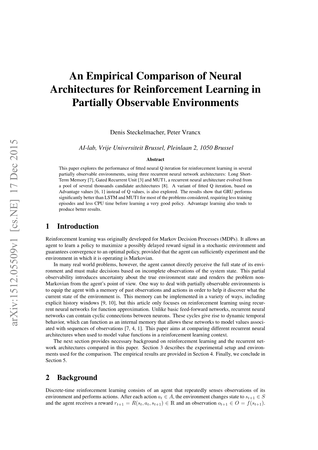 An Empirical Comparison of Neural Architectures for Reinforcement Learning in Partially Observable Environments Arxiv:1512.05509