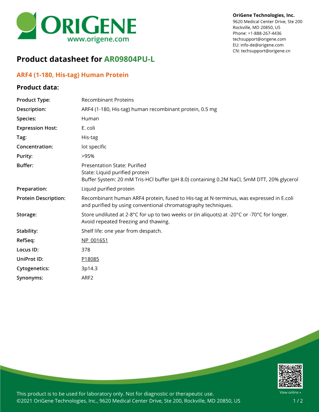 ARF4 (1-180, His-Tag) Human Protein – AR09804PU-L | Origene