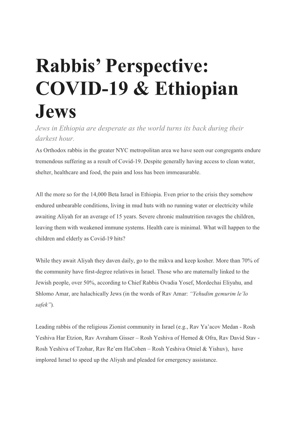 Rabbis' Perspective: COVID-19 & Ethiopian Jews