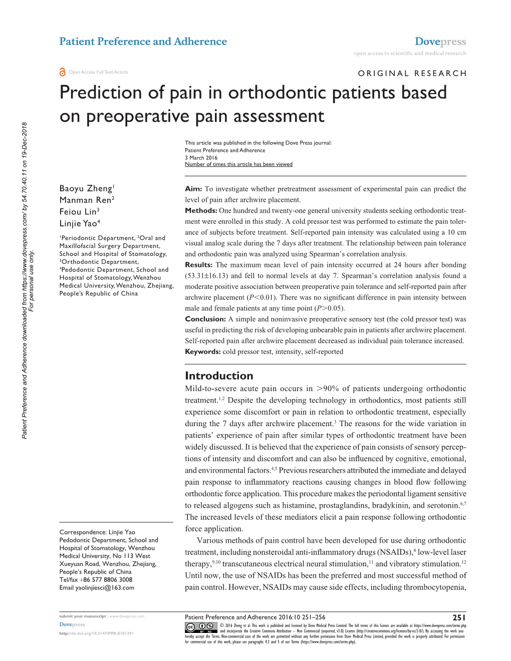 Prediction of Pain in Orthodontic Patients Based on Preoperative Pain Assessment