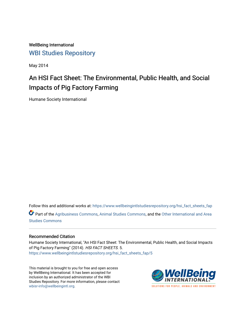 An HSI Fact Sheet: the Environmental, Public Health, and Social Impacts of Pig Factory Farming