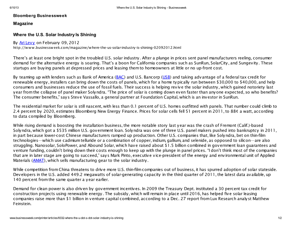 Where the U.S. Solar Industry Is Shining - Businessweek