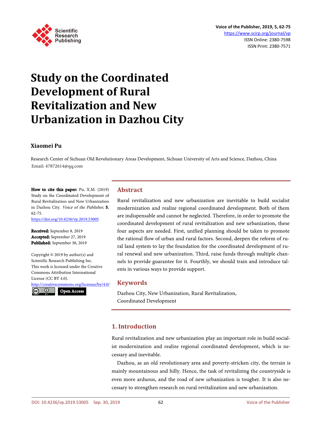 Study on the Coordinated Development of Rural Revitalization and New Urbanization in Dazhou City
