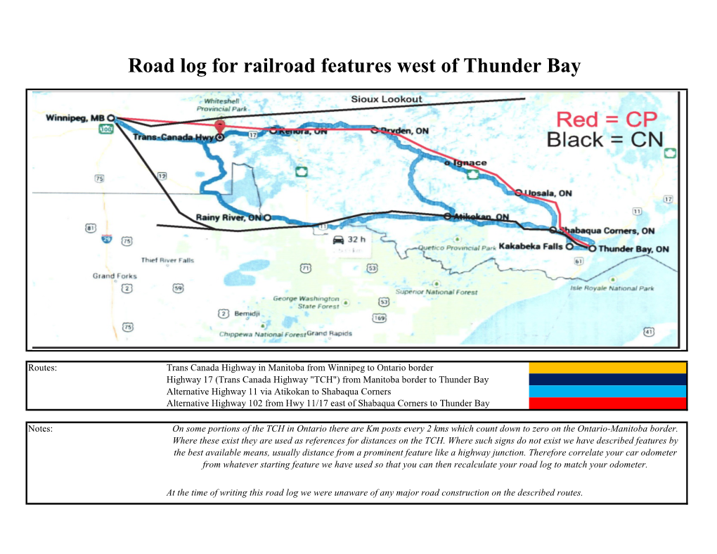 Road Log for Railroad Features West of Thunder Bay