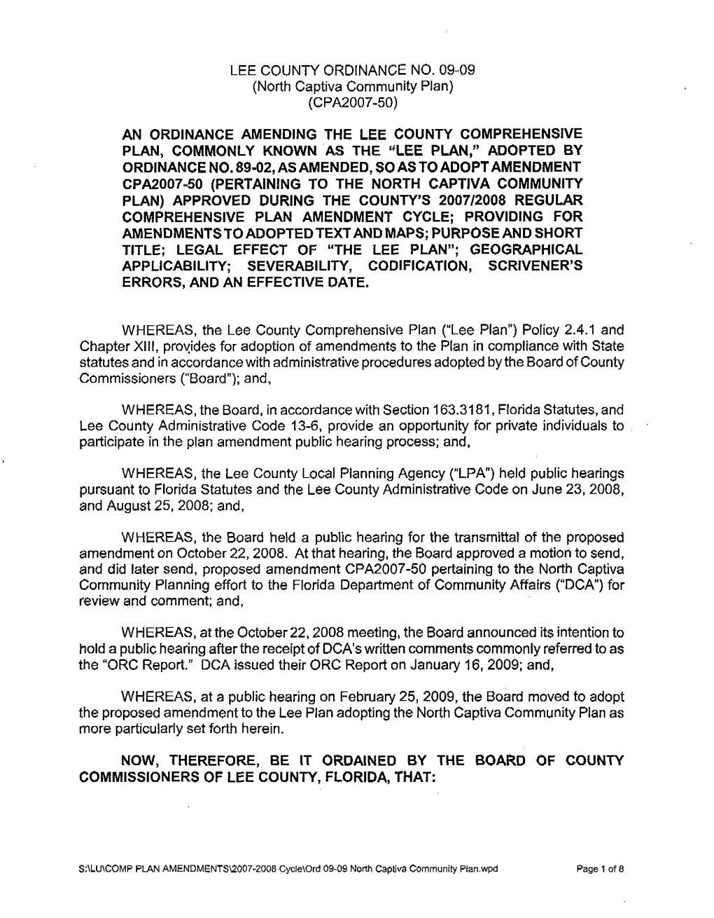 LEE COUNTY ORDINANCE NO. 09-09 (North Captiva Community Plan) (CPA2007-50)