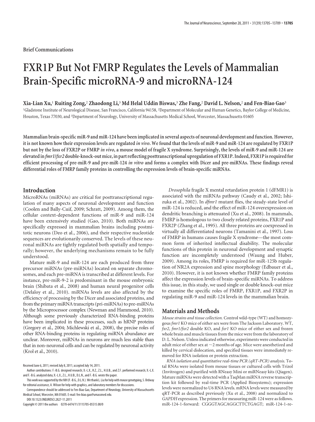 FXR1P but Not FMRP Regulates the Levels of Mammalian Brain-Specific Microrna-9 and Microrna-124