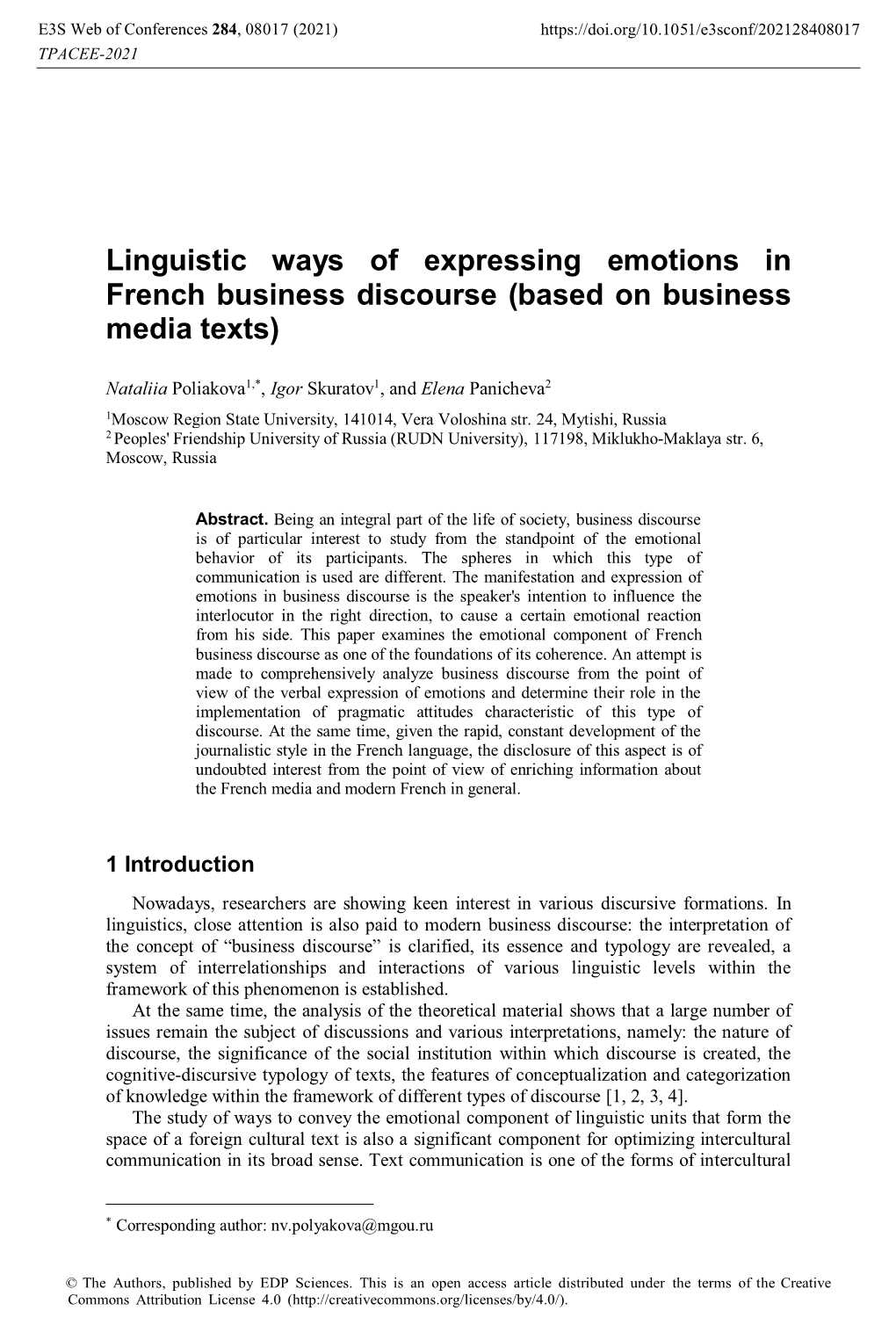 Linguistic Ways of Expressing Emotions in French Business Discourse (Based on Business Media Texts)