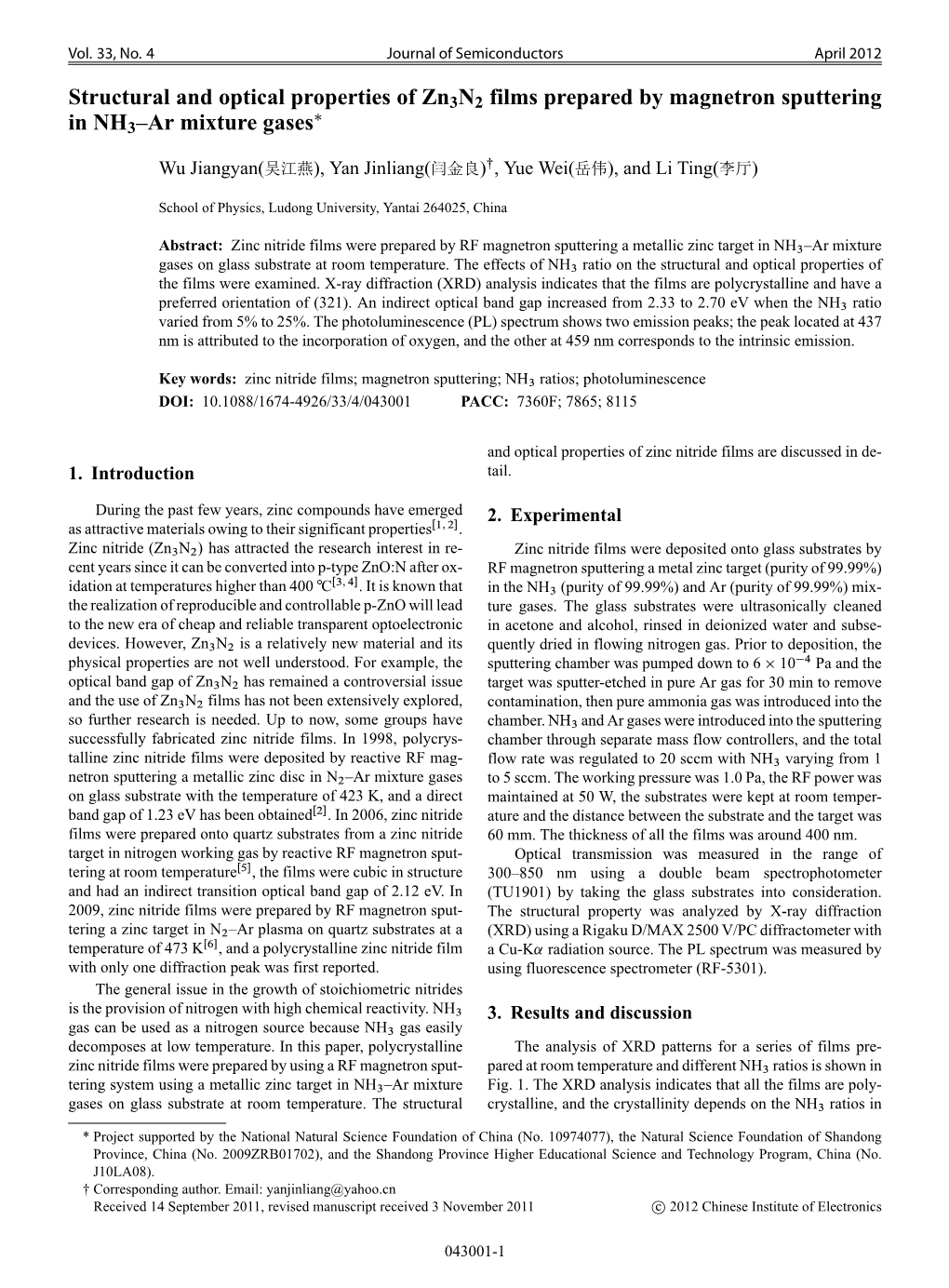 Structural and Optical Properties of Zn 3N2 Films Prepared by Magnetron