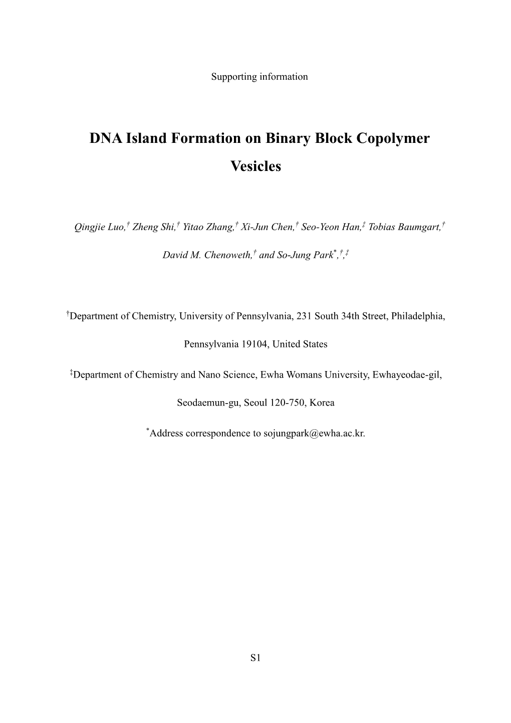 DNA Island Formation on Binary Block Copolymer Vesicles