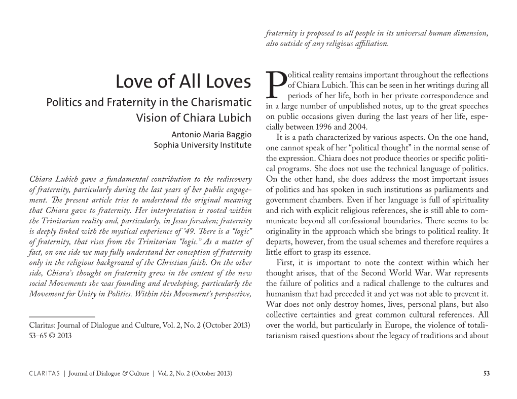 Politics and Fraternity in the Charismatic Vision of Chiara Lubich
