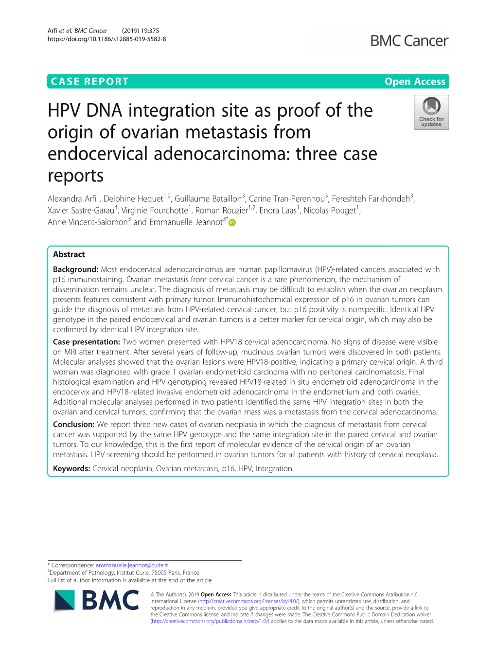 HPV DNA Integration Site As Proof of the Origin of Ovarian Metastasis from Endocervical Adenocarcinoma: Three Case Reports