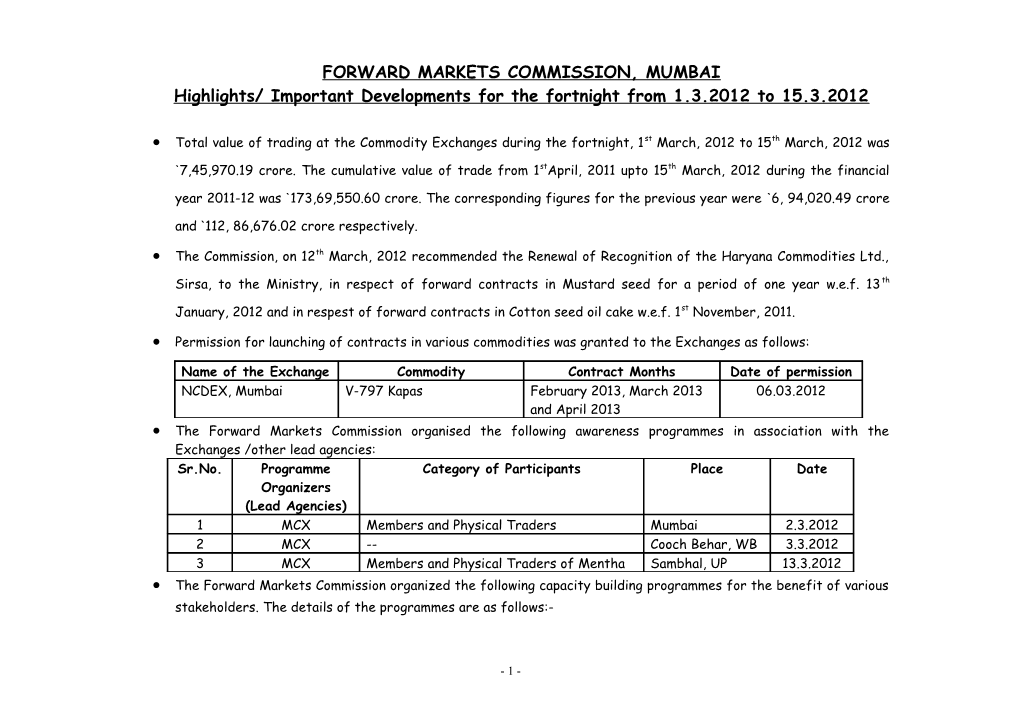 Highlights/ Important Developments for the Fortnight from 1.3.2012 to 15.3.2012