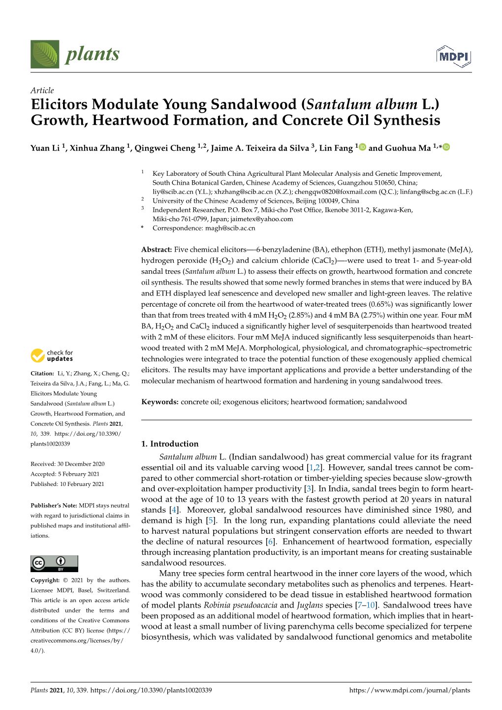 Elicitors Modulate Young Sandalwood (Santalum Album L.) Growth, Heartwood Formation, and Concrete Oil Synthesis