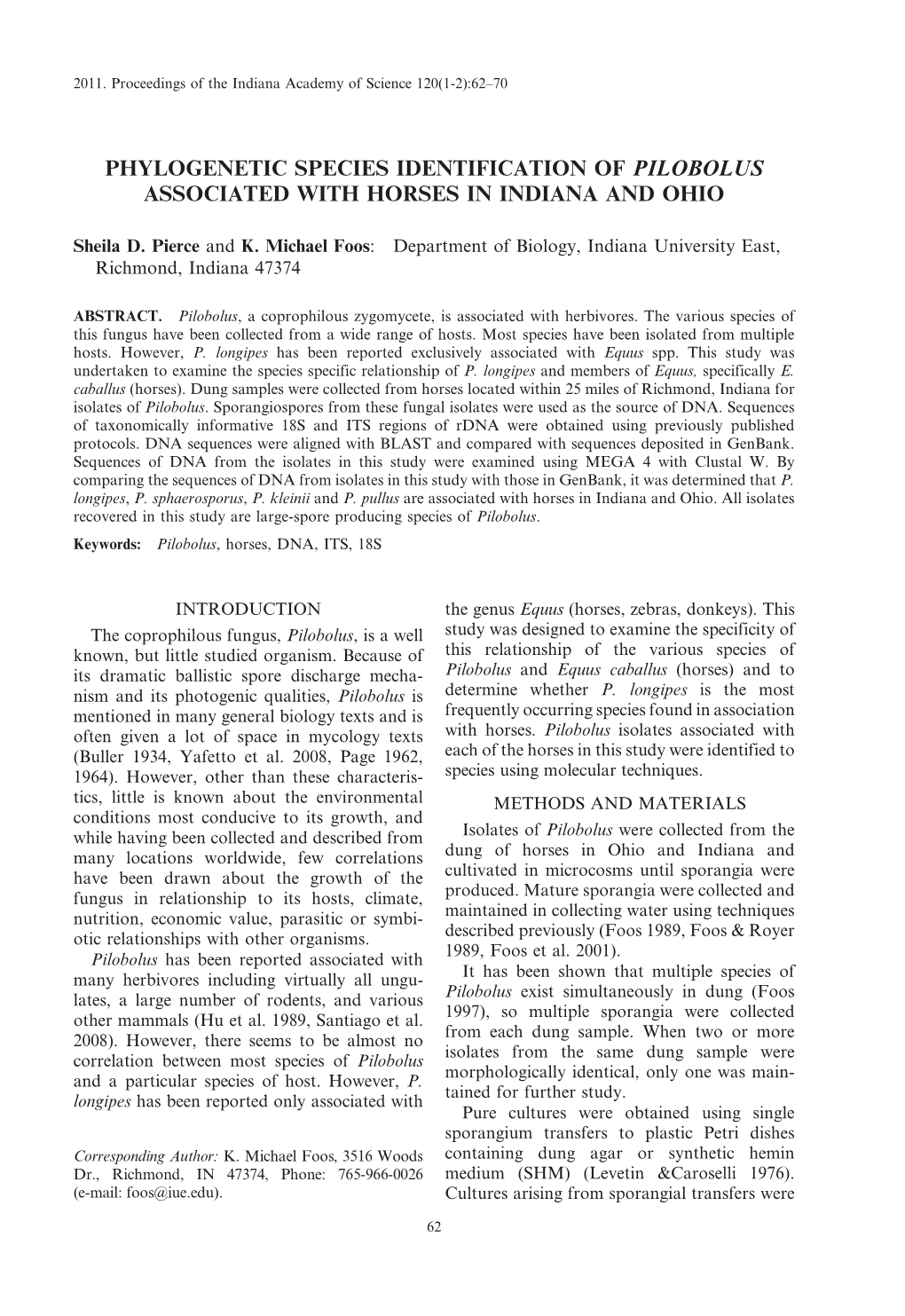 Phylogenetic Species Identification of Pilobolus Associated with Horses in Indiana and Ohio