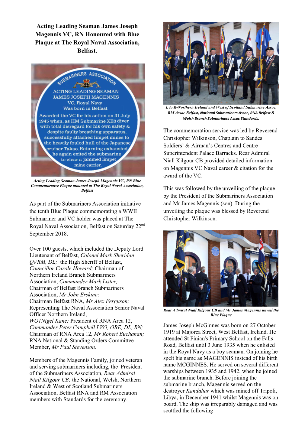 Acting Leading Seaman James Joseph Magennis VC, RN Honoured with Blue Plaque at the Royal Naval Association, Belfast