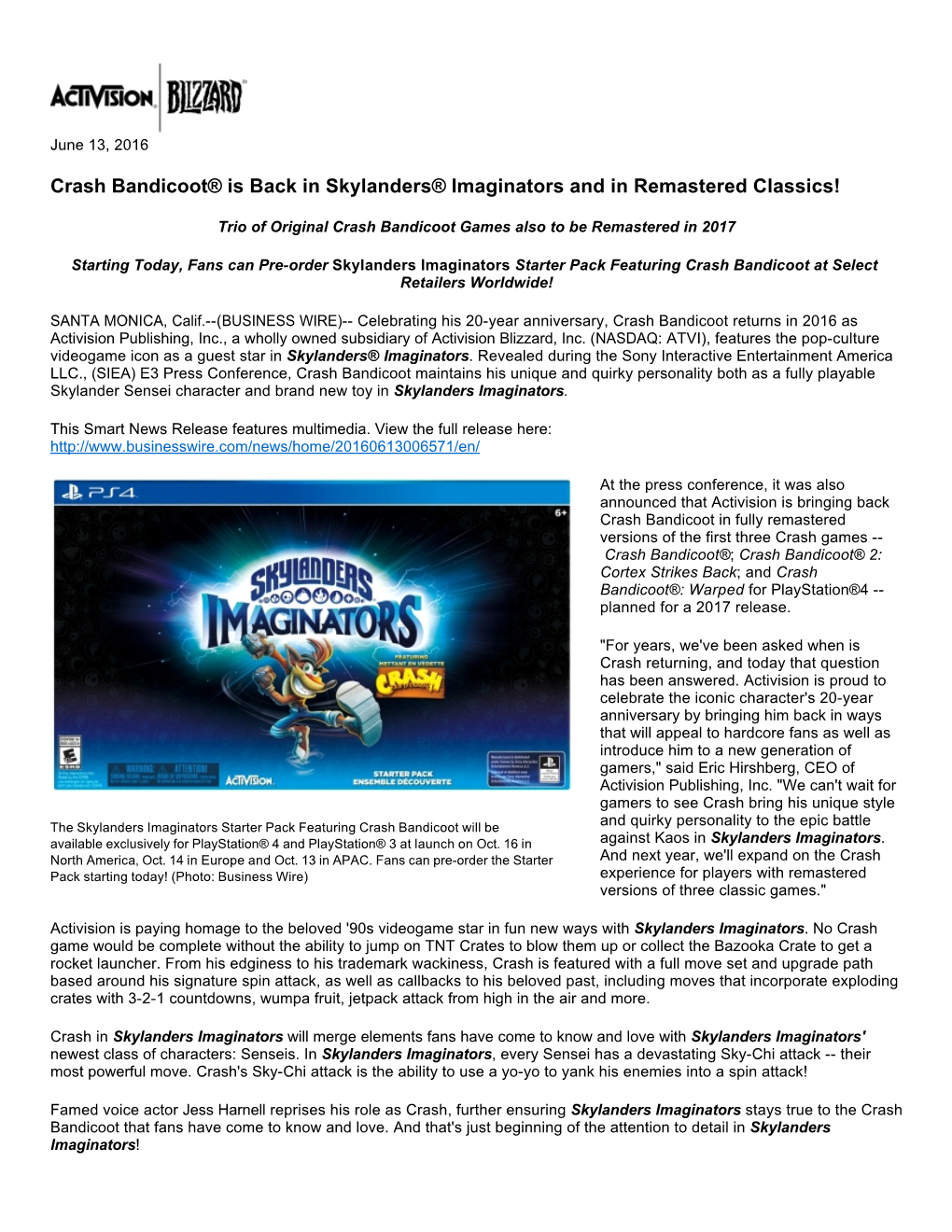 Crash Bandicoot® Is Back in Skylanders® Imaginators and in Remastered Classics!