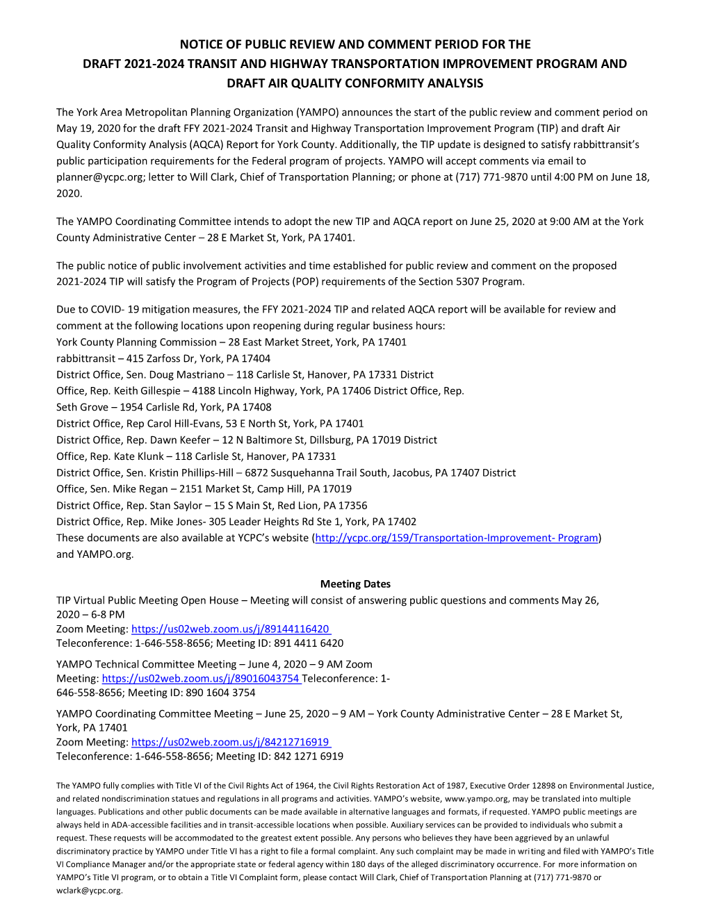 Notice of Public Review and Comment Period for the Draft 2021-2024 Transit and Highway Transportation Improvement Program and Draft Air Quality Conformity Analysis