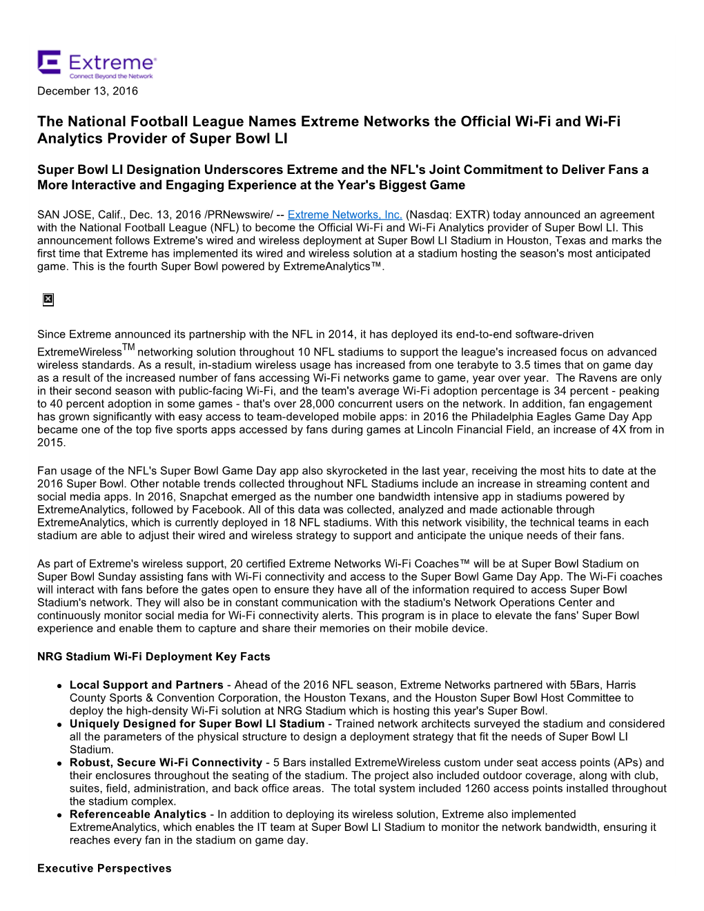 The National Football League Names Extreme Networks the Official Wi-Fi and Wi-Fi Analytics Provider of Super Bowl LI