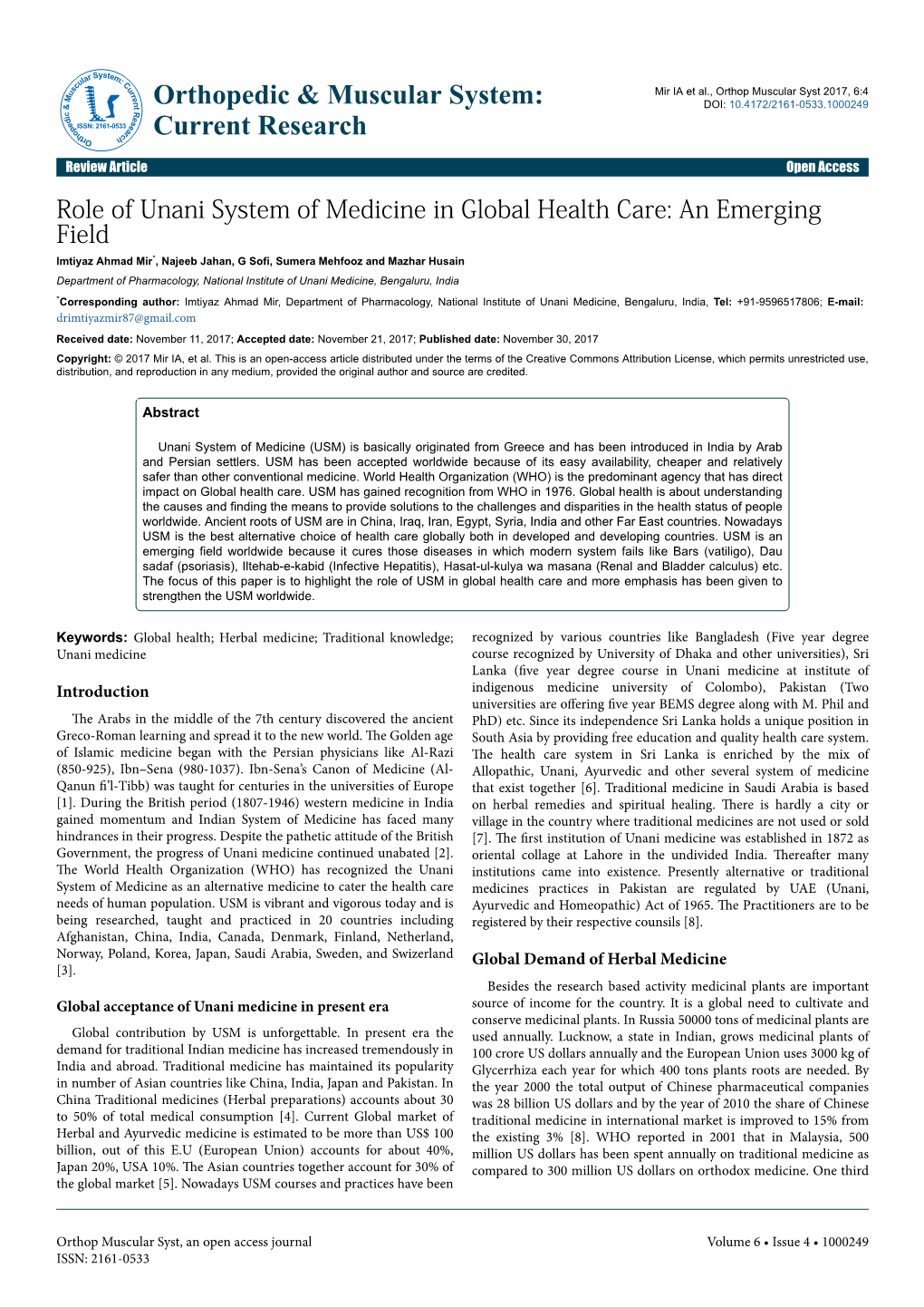 Role of Unani System of Medicine in Global