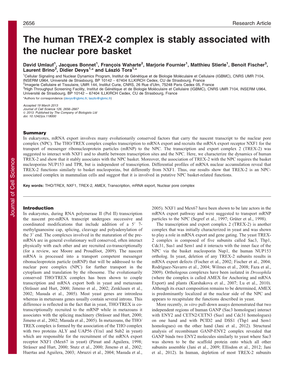 The Human TREX-2 Complex Is Stably Associated with the Nuclear Pore Basket