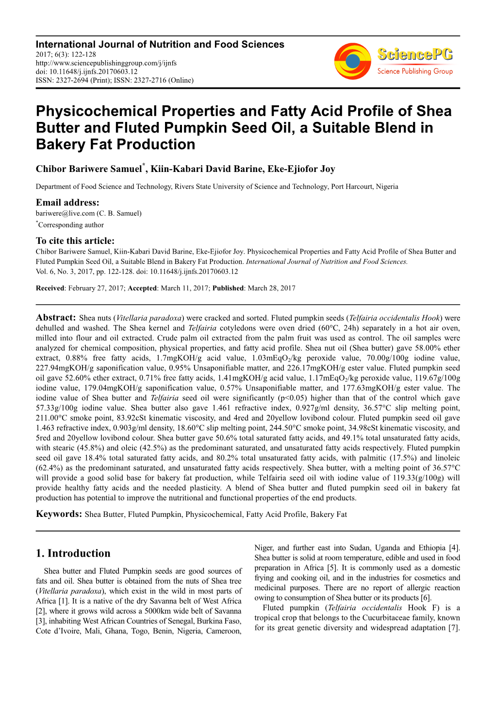 Physicochemical Properties and Fatty Acid Profile of Shea Butter and Fluted Pumpkin Seed Oil, a Suitable Blend in Bakery Fat Production