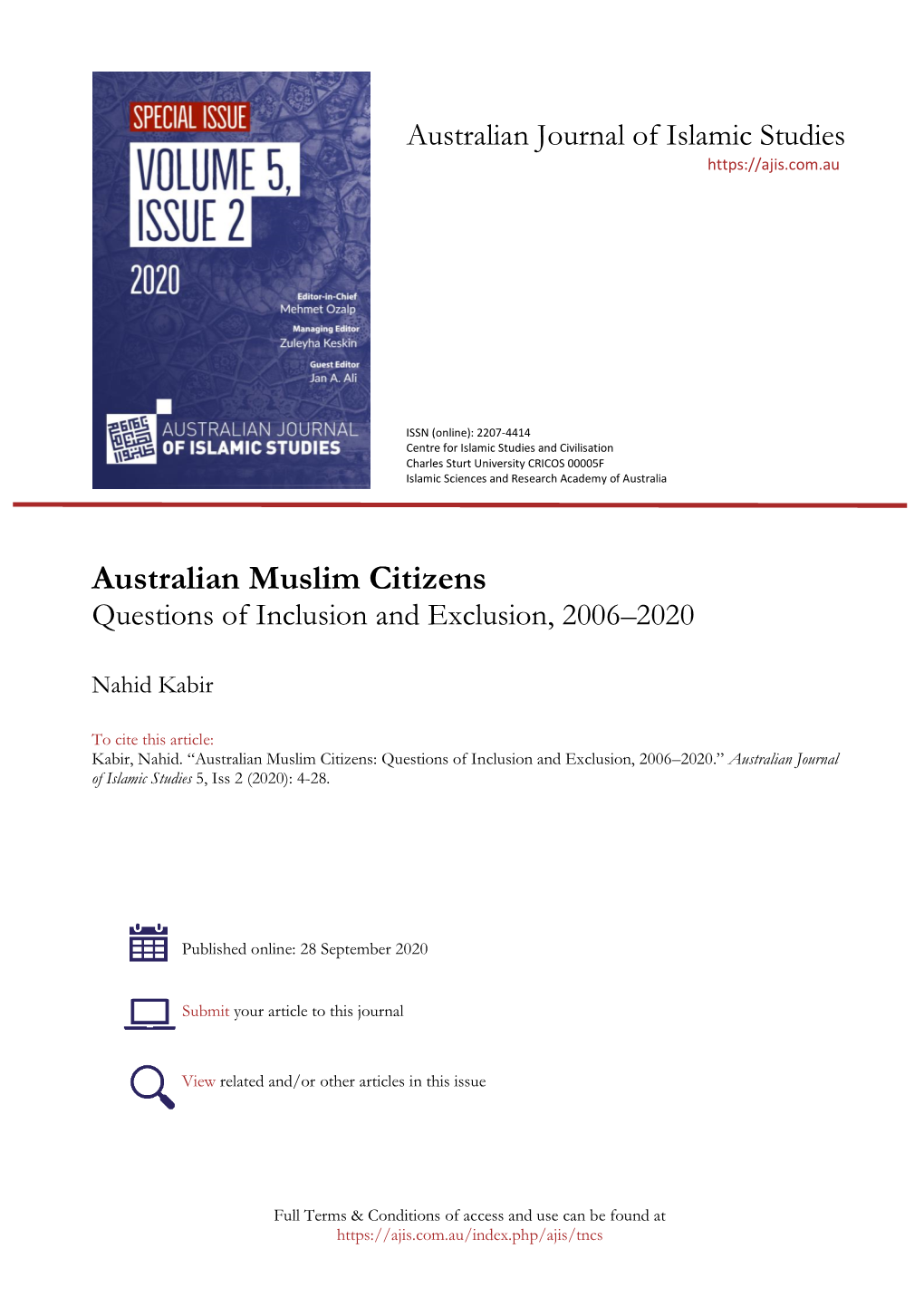 Australian Muslim Citizens Questions of Inclusion and Exclusion, 2006–2020