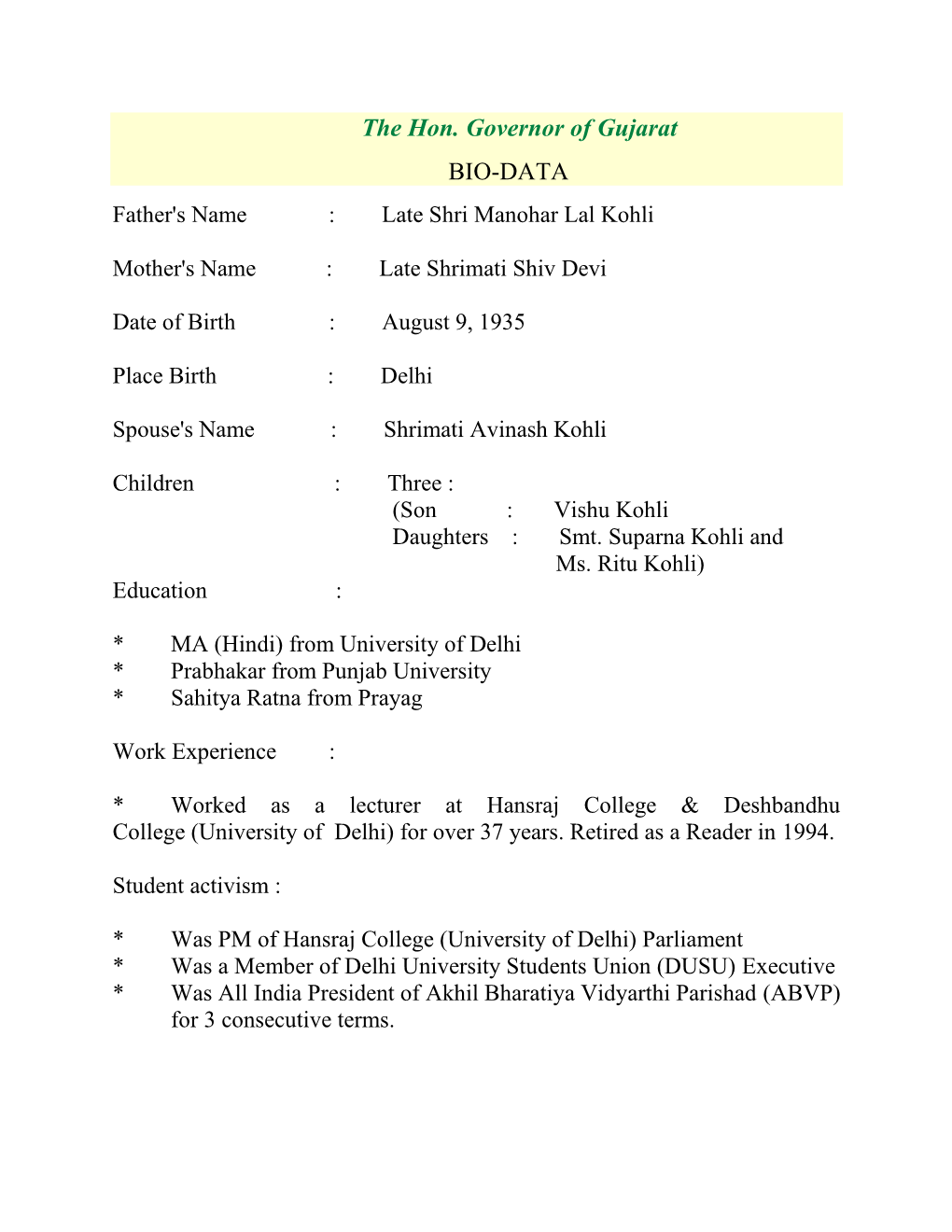 The Hon. Governor of Gujarat BIO-DATA Father's Name : Late Shri Manohar Lal Kohli