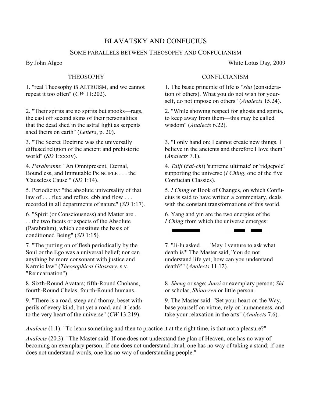 BLAVATSKY and CONFUCIUS SOME PARALLELS BETWEEN THEOSOPHY and CONFUCIANISM by John Algeo White Lotus Day, 2009