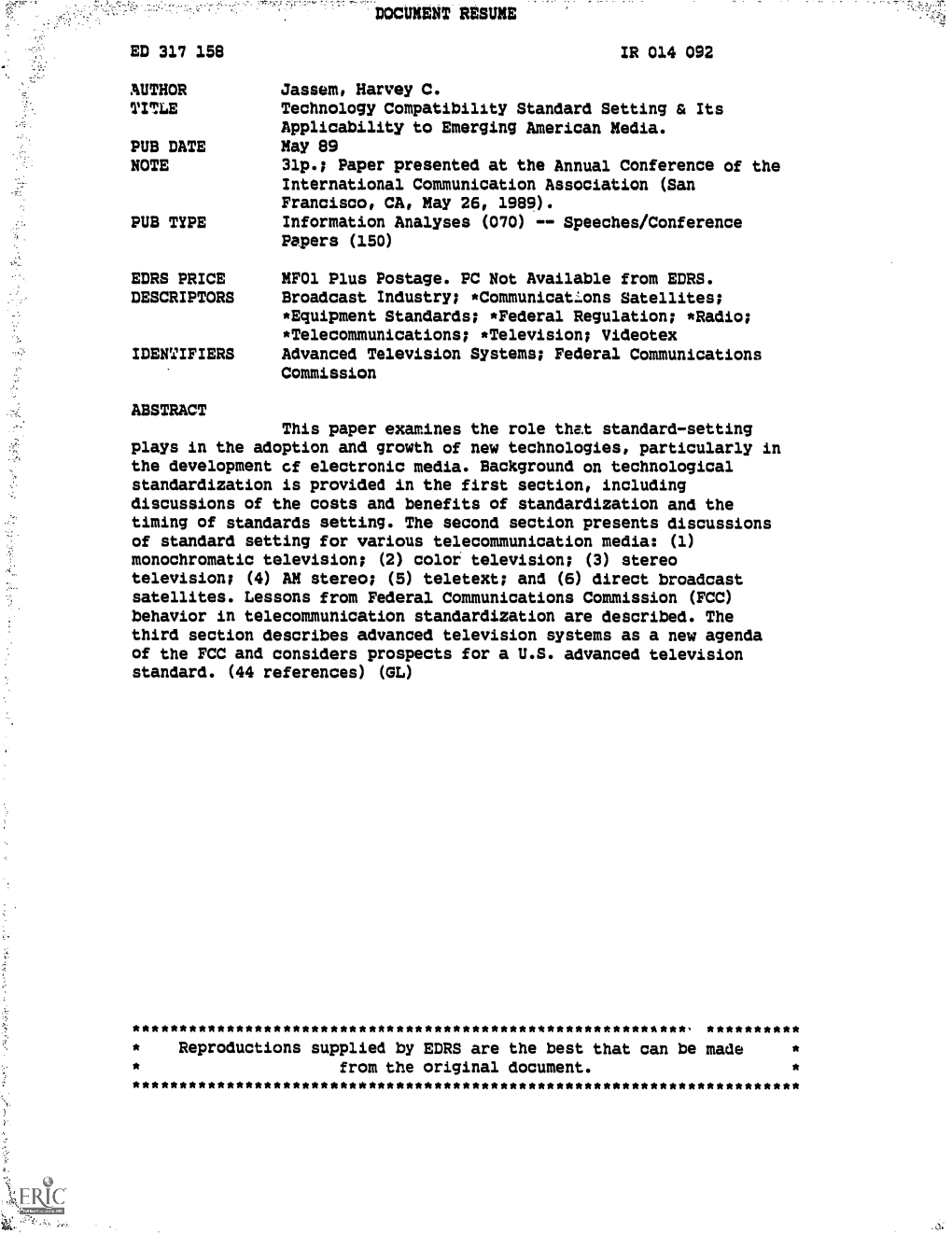 DOCUMENT RESUME ED 317 158 IR 014 092 AUTHOR Jassem, Harvey