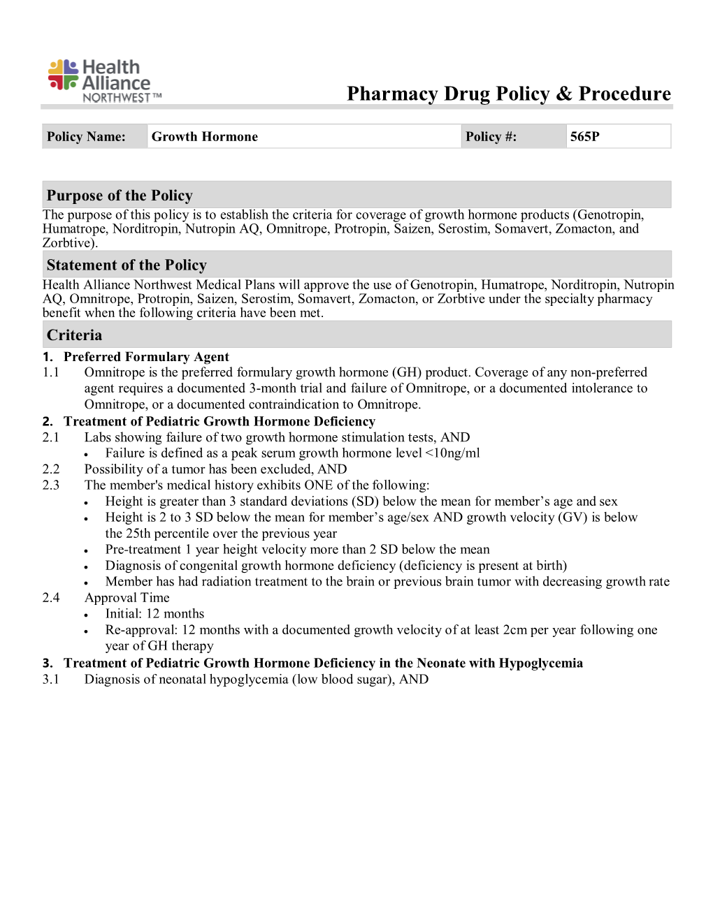 Growth Hormone Policy #: 565P