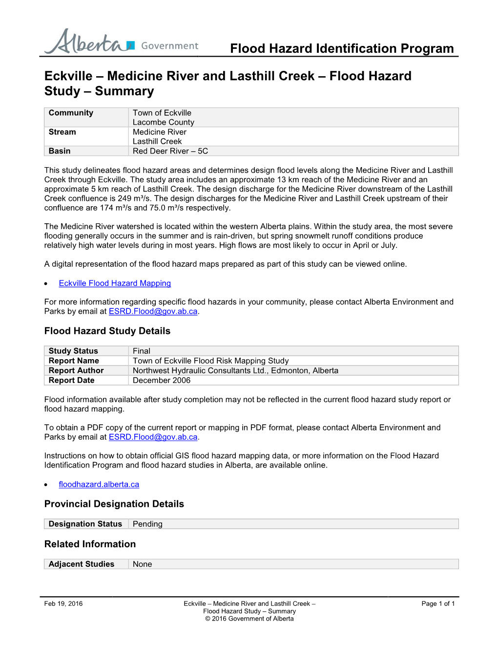 Eckville – Medicine River and Lasthill Creek – Flood Hazard Study – Summary